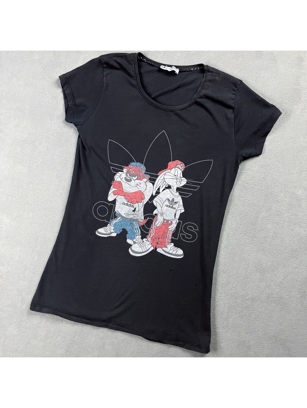 Y2K Adidas Black T-Shirt with Looney Tunes Hip Hop Graphic